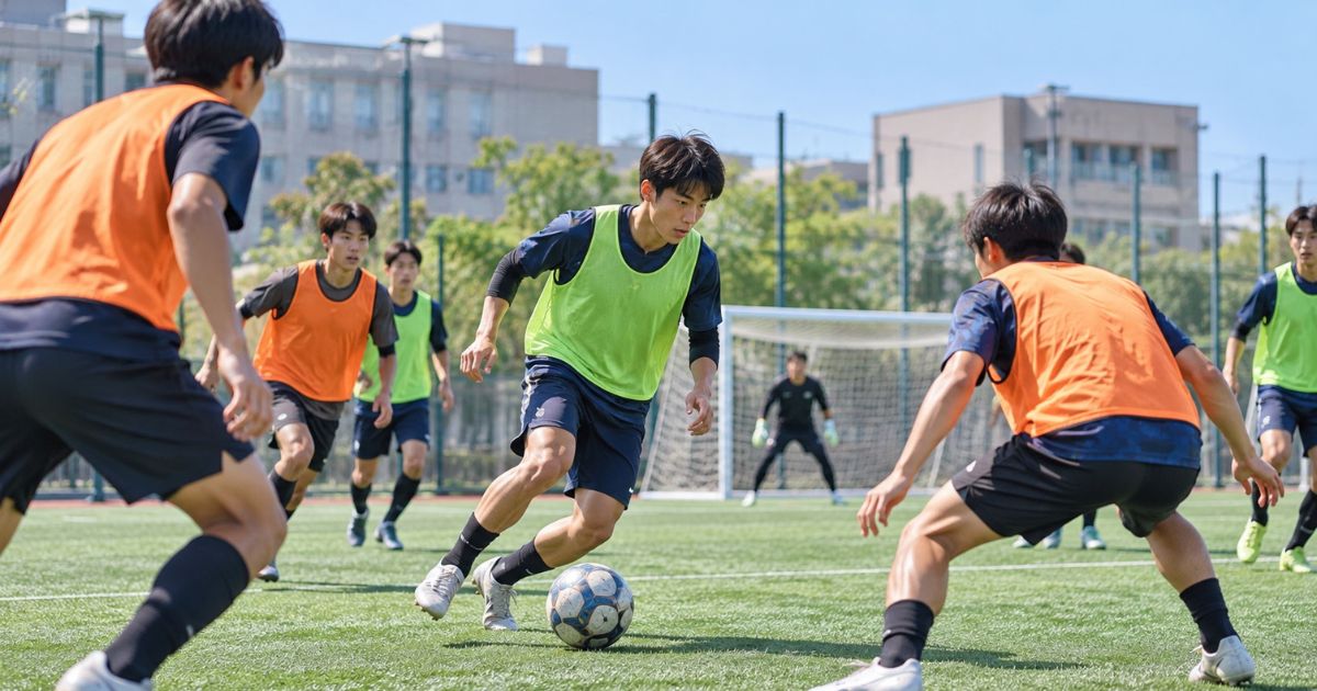 甲南大学サッカー部のセレクション・練習参加をイメージした写真。大学の人工芝グラウンドで、緑とオレンジのビブスを着た男子選手たちがミニゲームに取り組む様子。