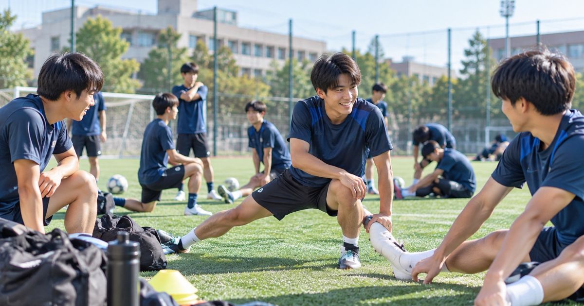 甲南大学サッカー部の練習風景をイメージした写真。大学の人工芝グラウンドで、紺色の練習着を着た男子大学生たちが談笑しながら練習前のストレッチに取り組む様子。