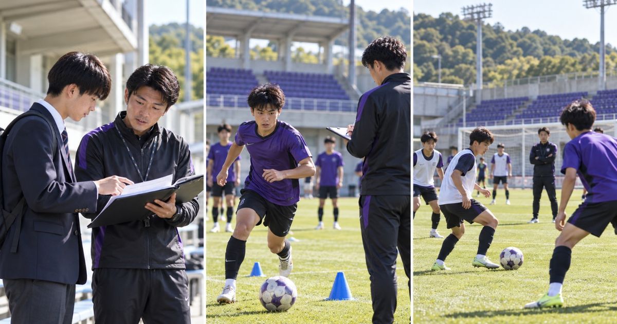 京都橘大学サッカー部の特技推薦・入部選考会・練習会の違いを表現したイメージ。左から高校生とスタッフの書類確認、コーチが見守る選手の実技選考、複数の選手による練習風景。