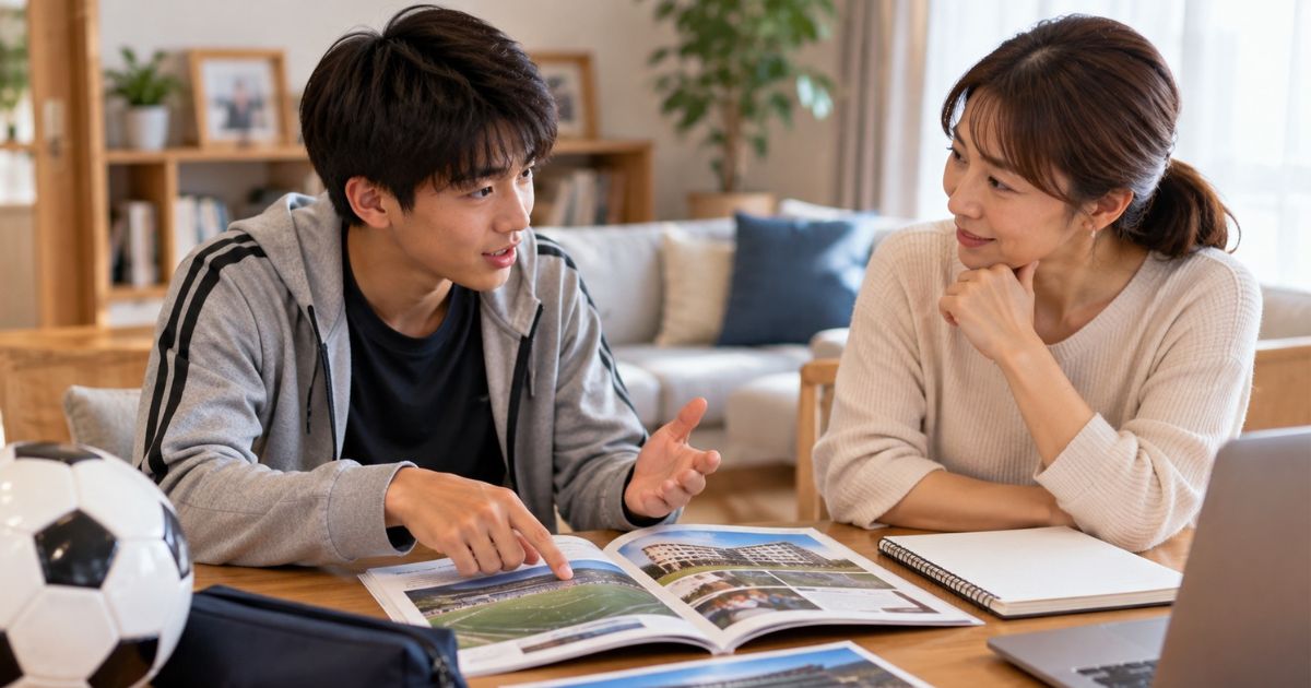 京都橘大学サッカー部への入部を希望する高校生が、自宅のリビングで母親と大学の資料を見ながら、部費・入部金・寮生活などの進学条件について相談するイメージ。