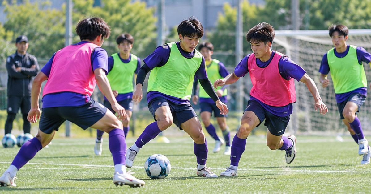 大学サッカー部の入部選考会をイメージしたミニゲーム。紫色の練習着に緑とピンクのビブスを着た選手たちがボールを奪い合い、コーチが見守っている。