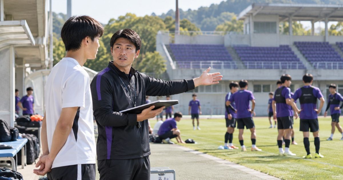 大学サッカーの練習場で、入部を希望する高校生がコーチから説明を受ける様子。背景では紫色の練習着を着た選手たちが活動している。