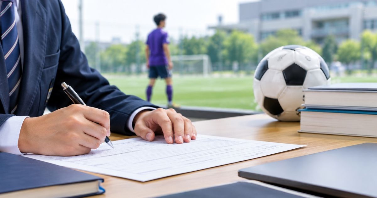 京都橘大学サッカー部の2027年度特技推薦をイメージした画像。制服姿の高校生がサッカー場を背景に出願書類へ記入し、机にはサッカーボールや参考書が置かれている。