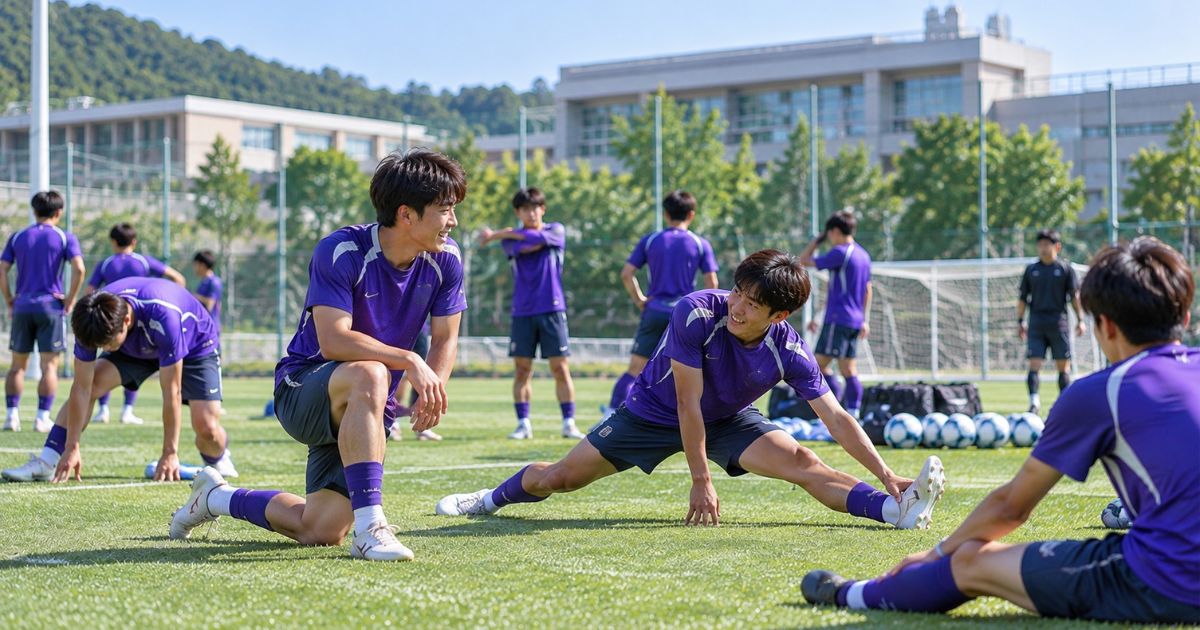 大学サッカーの練習グラウンドで、紫色の練習着を着た選手たちが、練習前に談笑しながらリラックスした雰囲気でストレッチを行う様子。