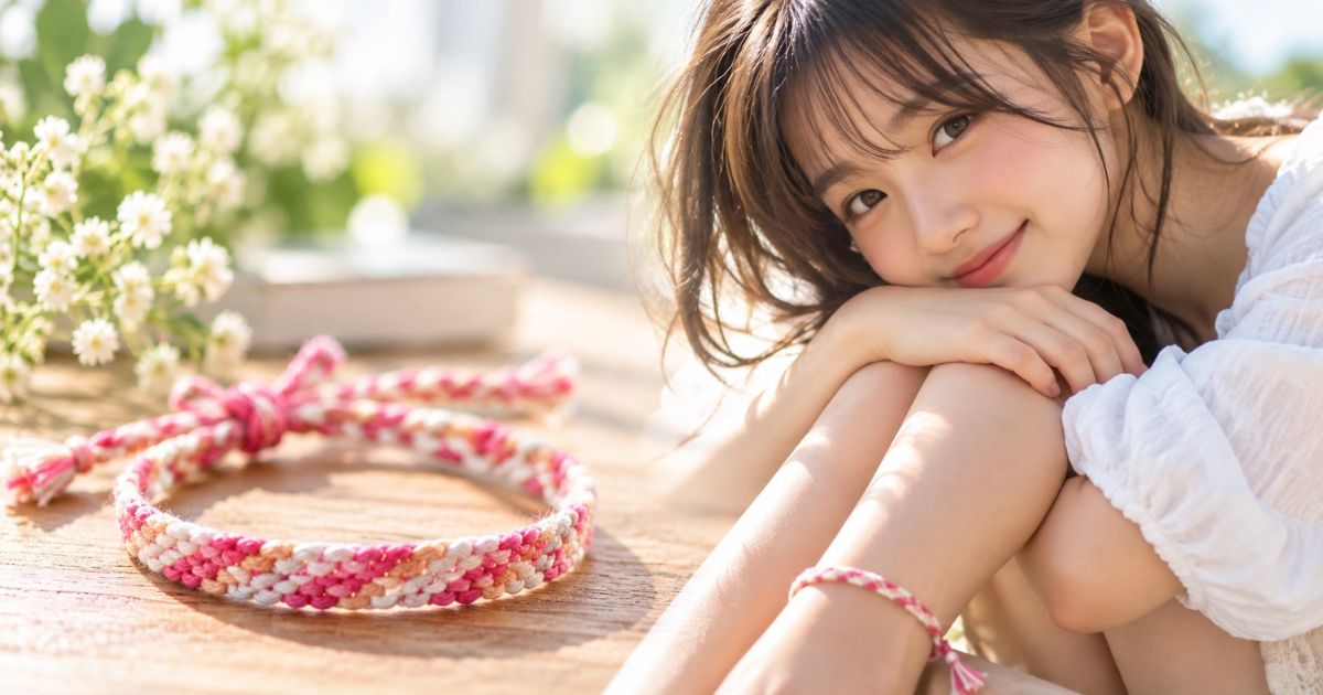 木製テーブルに置かれたピンクと白の編み込みミサンガと、足首にミサンガをつけて微笑む女性。右足のミサンガと恋愛に関するイメージ。