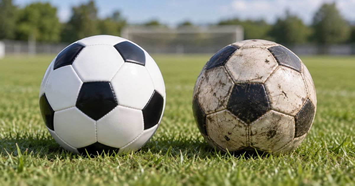 芝生のサッカー場に並んだ新品のサッカーボールと使い古したサッカーボールを比較した様子。サッカーボールの寿命や劣化の違い、買い替え時期の判断イメージがわかる写真。