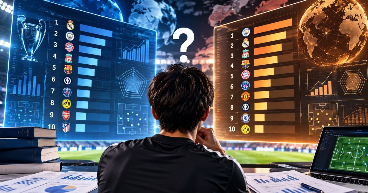 OptaとIFFHSのサッカークラブランキングの違いをイメージした画像。男性が青とオレンジの2つのランキング表や分析グラフを見比べ、評価方法による順位の違いを考えている。