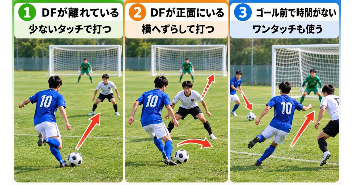 サッカーのシュートモーションの使い分けを、DFが離れている場面・正面にいる場面・ゴール前で時間がない場面の3つで比較した図解