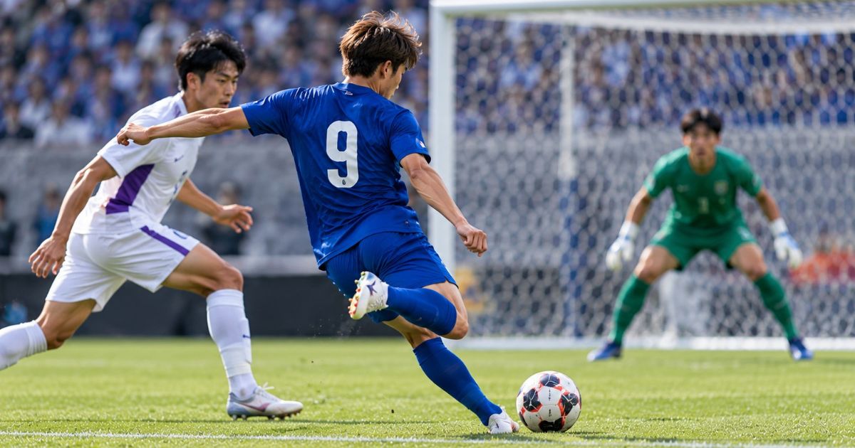 藤尾翔太選手のシュートモーションをイメージした画像。青い9番の選手が白いユニフォームのDFに寄せられながら、ゴールに向かって素早くシュートを打とうとしている。