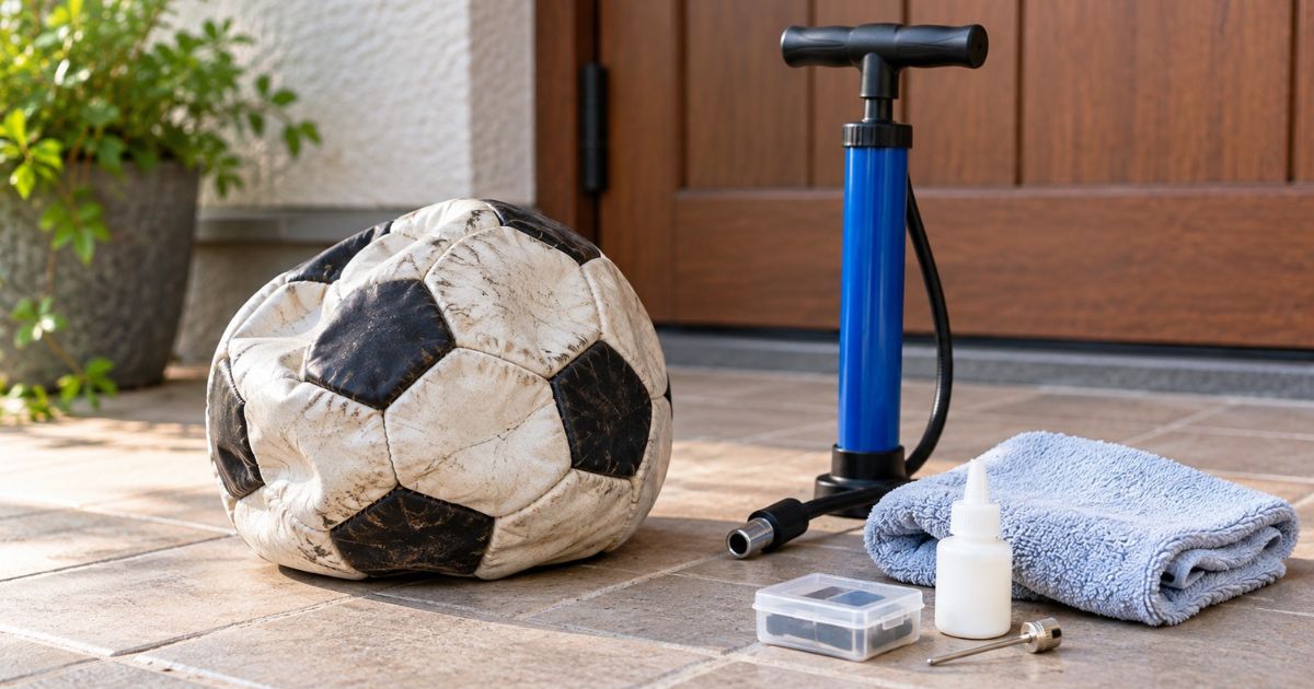 自宅の玄関先に置かれた、空気が抜けて変形したサッカーボールと空気入れ、タオル、修理用品。サッカーボールの空気漏れやバルブの不具合を確認し、修理を検討するイメージ。
