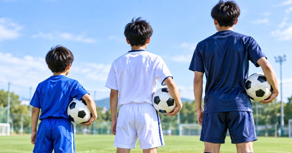 小学生・中学生・高校生のサッカー選手がそれぞれボールを持ってグラウンドに立つ後ろ姿