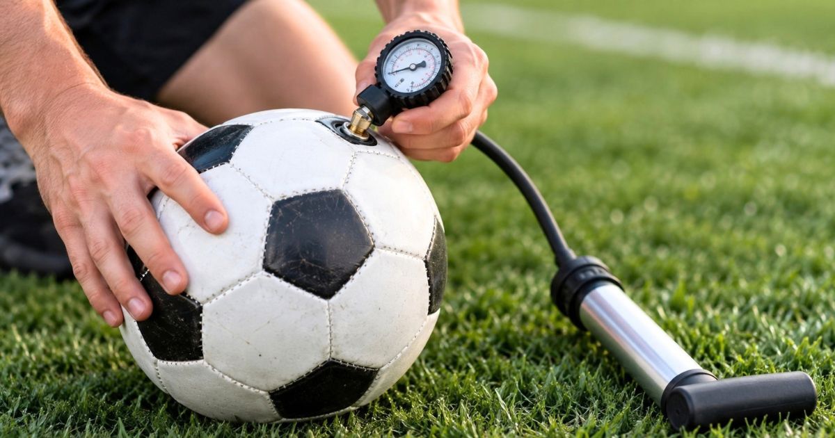 サッカーボールに圧力計付きポンプを接続し、芝生の上で空気圧を確認している様子