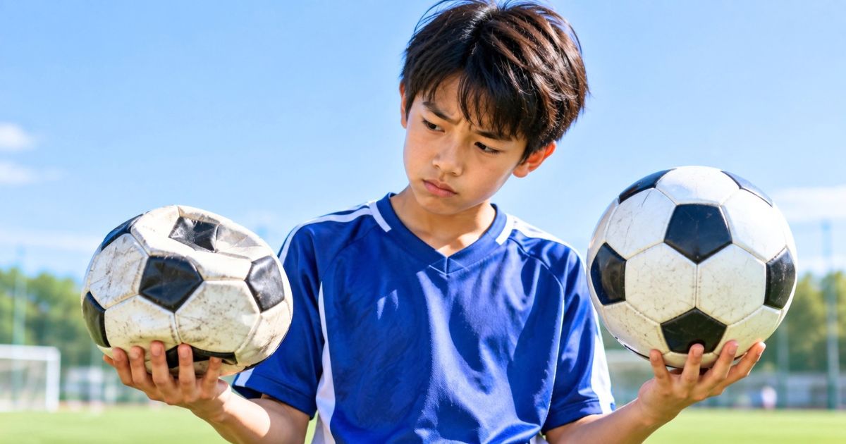 空気が少ないサッカーボールと適正に膨らんだボールを持ち、空気圧の違いを見比べるサッカー少年