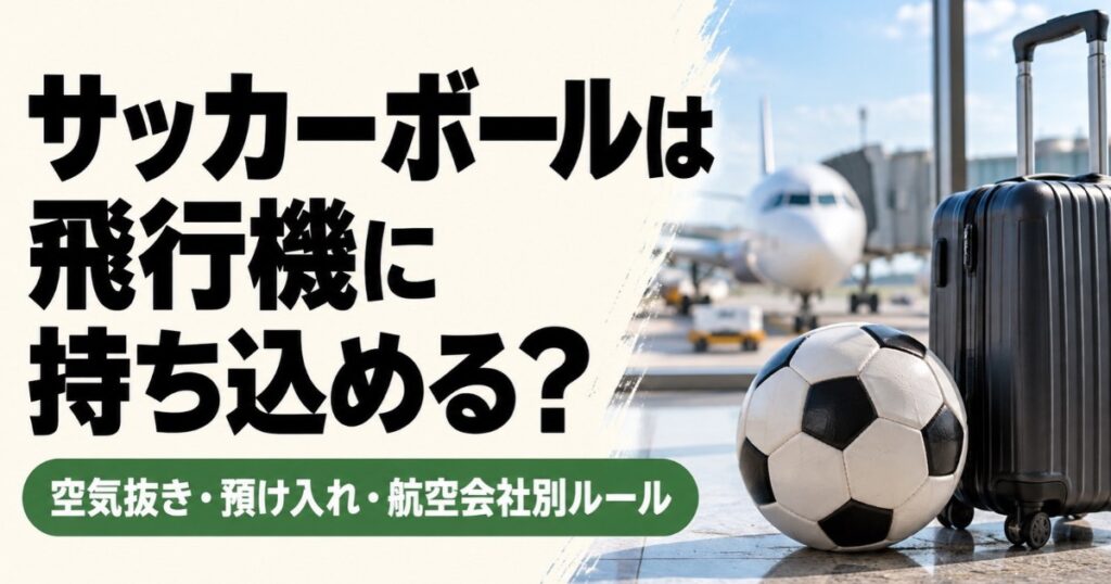 サッカーボールの飛行機への持ち込みルールを解説するアイキャッチ画像。空港に駐機する飛行機を背景に、サッカーボールと黒いスーツケースを配置し、空気抜き・預け入れ・航空会社別ルールを紹介している。