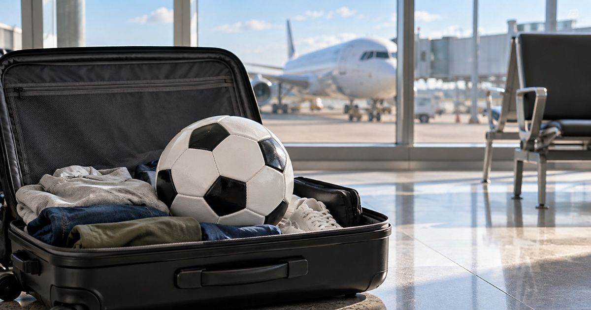 空港の出発ロビーで、サッカーボールを衣類や靴と一緒にスーツケースに収納し、飛行機で持ち運ぶ準備をしている様子