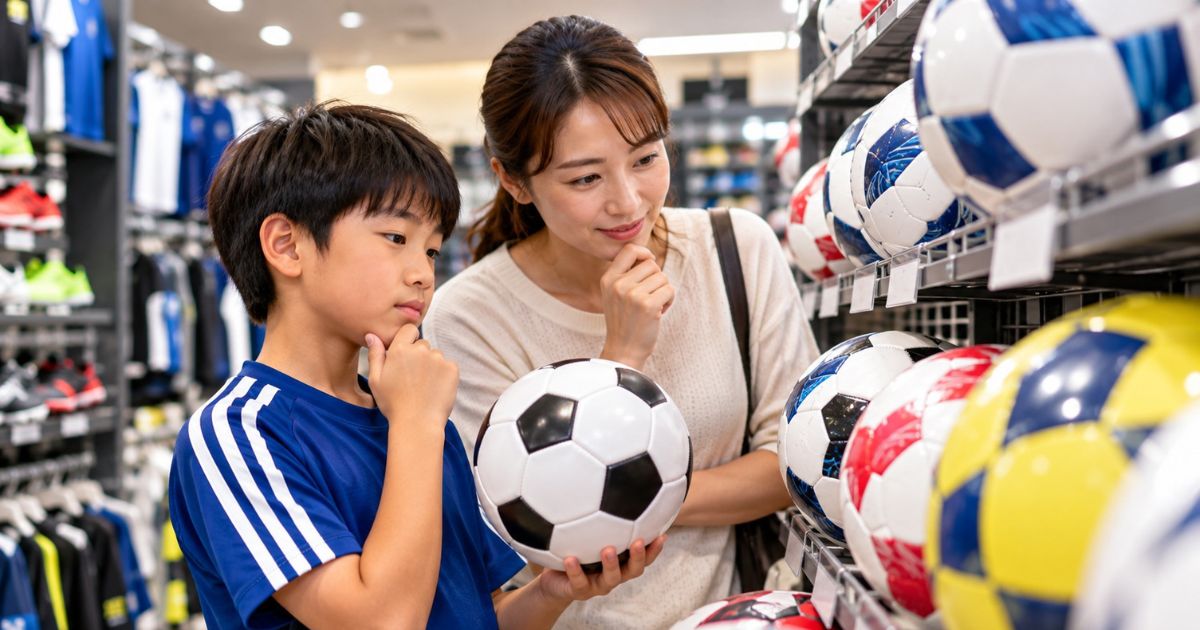 スポーツ用品店のサッカーボール売り場で、さまざまな種類のボールを見比べながら、号数や用途に合うサッカーボールを選ぶ母親とサッカー少年。