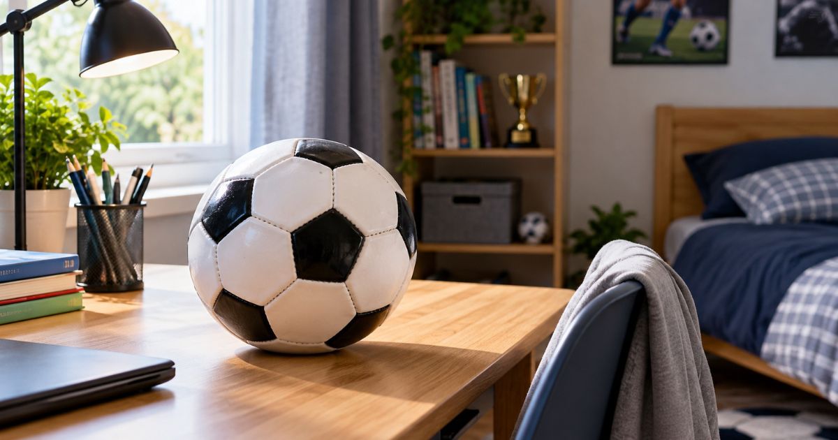 自宅の子ども部屋で、きれいに手入れされたサッカーボールを木製の机の上に保管している様子。直射日光を避けた室内で、サッカーボールを長持ちさせるための保管方法をイメージした写真。