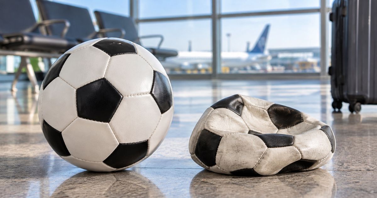 空港で、空気が入った丸いサッカーボールと、空気を抜いて平たくなったサッカーボールを並べて比較した様子