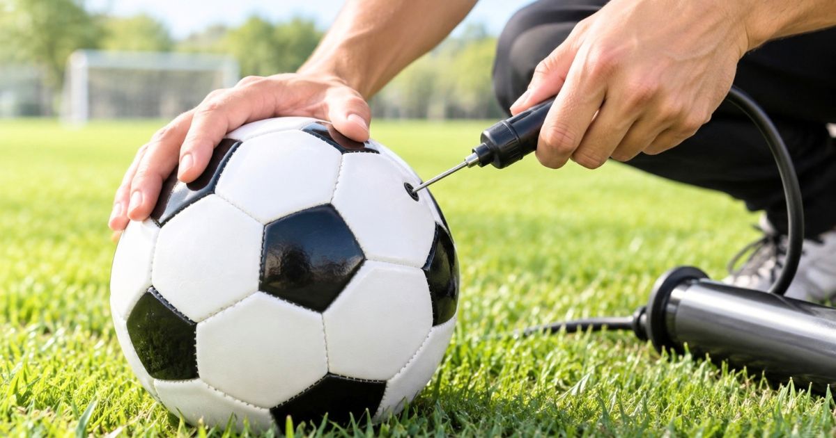 サッカーボールのバルブに空気針をまっすぐ差し込み、ポンプで空気を入れている様子