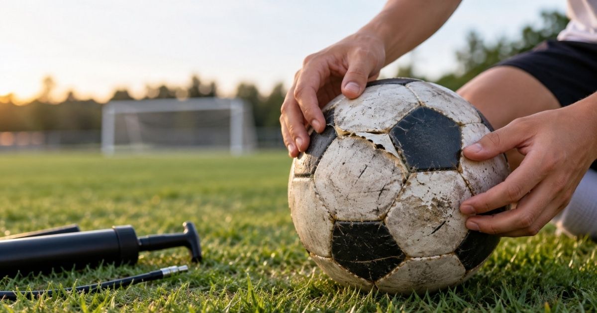 サッカー場の芝生の上で、表皮の剥がれやひび割れ、縫い目の傷みが見られるサッカーボールを両手で確認する様子。横には空気入れが置かれ、ボールの寿命や買い替えサインを確認する場面。