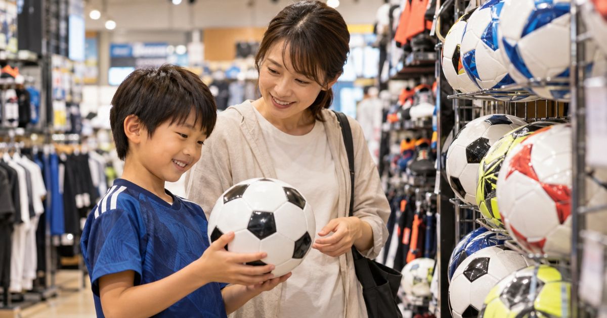 スポーツ用品店で、青いサッカーユニフォームを着た少年がお母さんと一緒にサッカーボールを選ぶ様子。店内に並ぶさまざまなボールを見ながら、買い替え用のサッカーボールを検討している写真。