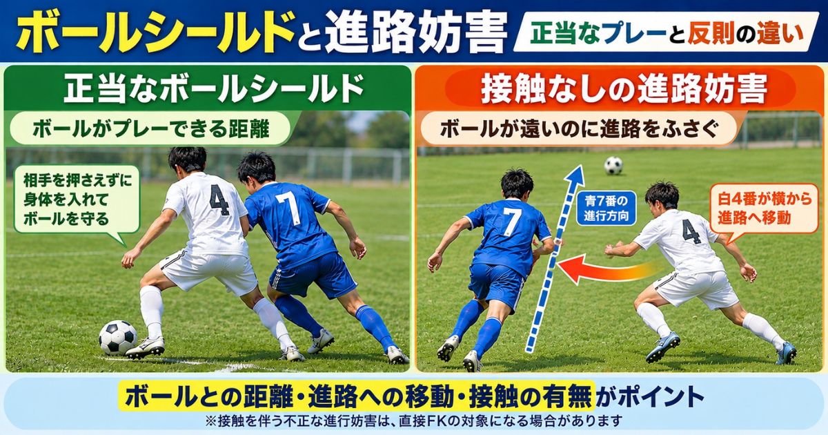 サッカーの正当なボールシールドと進路妨害を比較した図解。左は白4番が足元のボールを青7番から身体で守る場面、右は白4番がボールを追う青7番の進路へ横移動し、接触せずに妨げようとする場面。