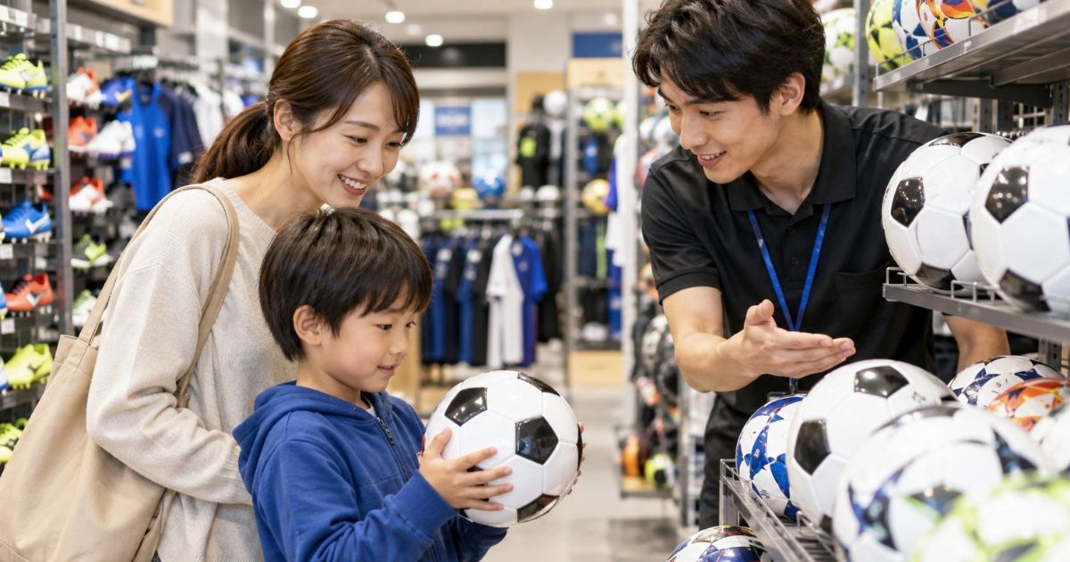 スポーツショップで3号球のサッカーボールを手に取る日本人の男の子と、店員の説明を聞きながら子ども用ボールを選ぶお母さん。