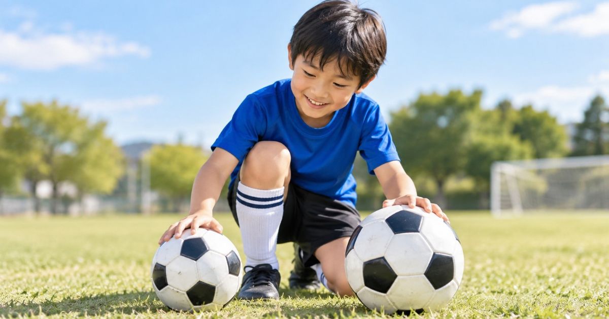 芝生のサッカー場で、3号球と4号球の大きさを比較する小学生の男の子。サッカーボールのサイズの違いを確認している様子。