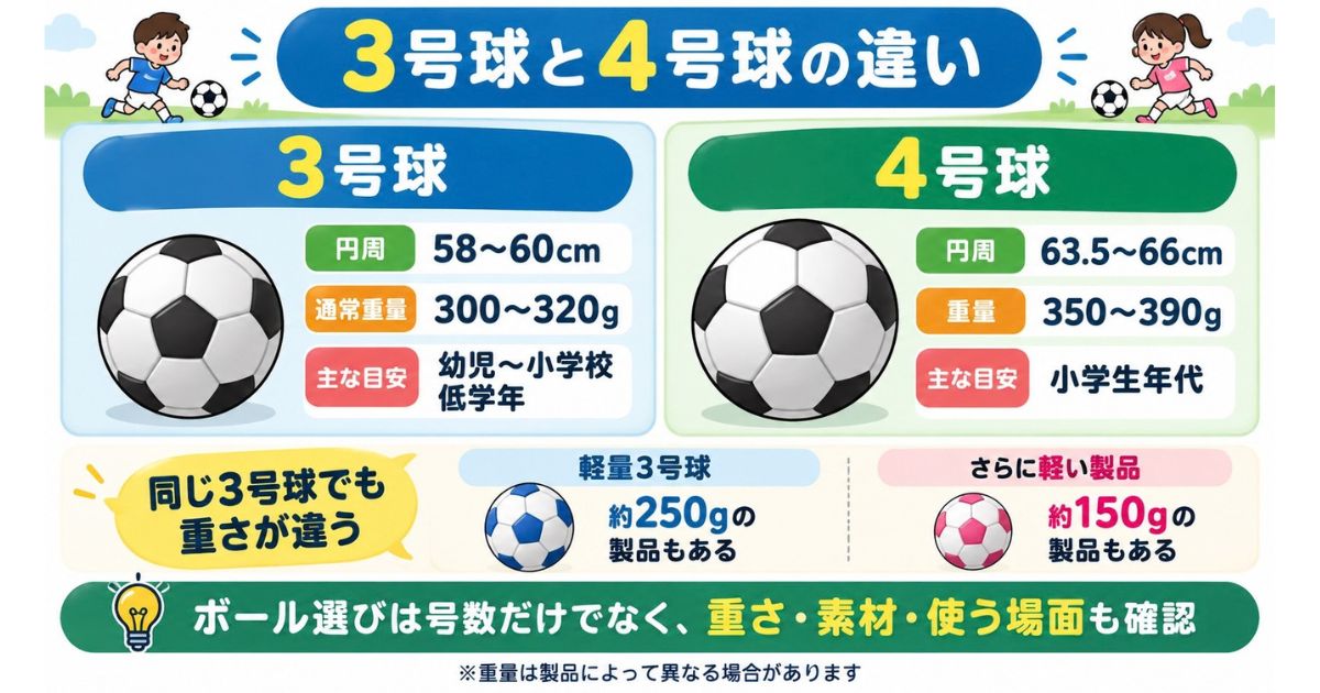 サッカーボール3号球と4号球の円周・重量・対象年代を比較した図解。3号球は58〜60cm・300〜320g、4号球は63.5〜66cm・350〜390g。軽量3号球の重量例も紹介。