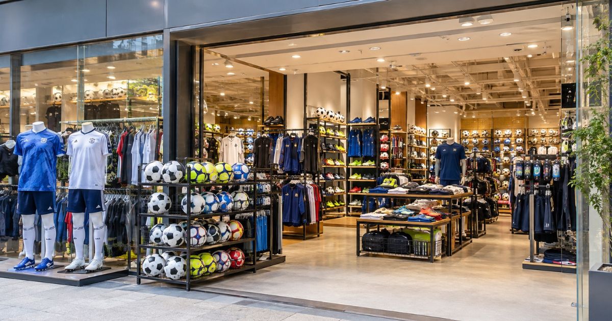 サッカーボールやサッカーシューズ、ユニフォームなどが並ぶスポーツ用品店の店頭。入り口付近にはさまざまな種類のサッカーボールが陳列されている。