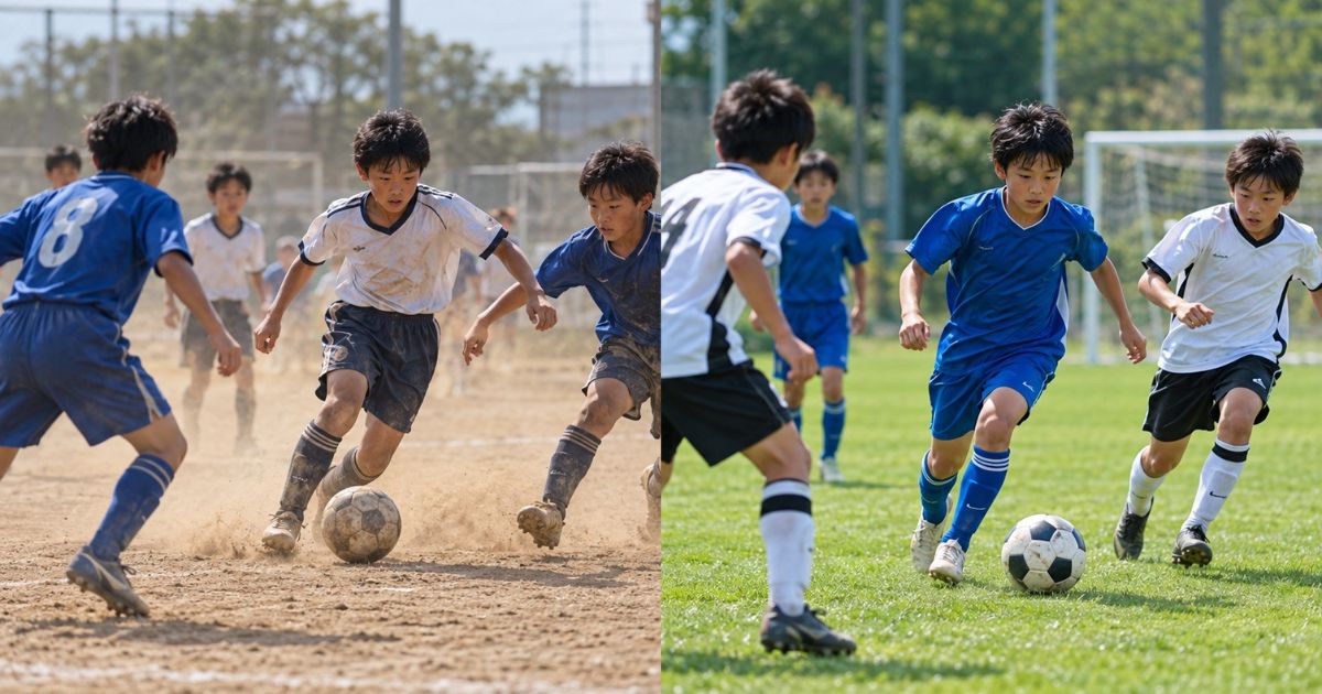 土のグラウンドと芝生のグラウンドでサッカーをする少年たちを左右に比較した写真。土のグラウンドでは砂ぼこりが舞い、芝生では緑のピッチでプレーする様子から、使用環境によるサッカーボールの摩耗や劣化の違いを表現。