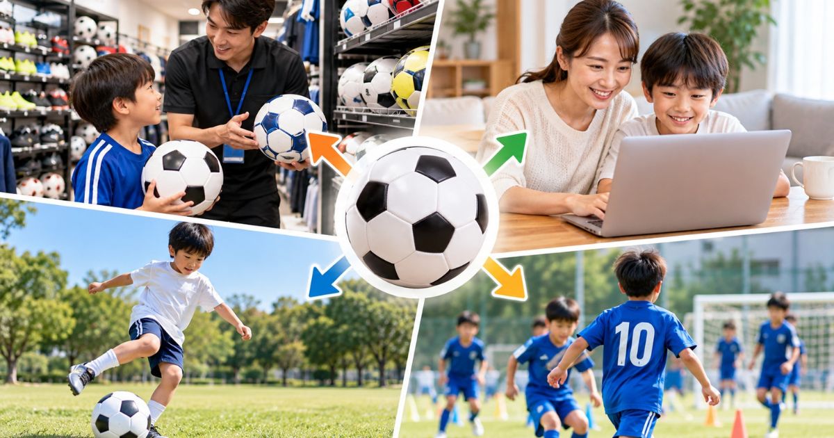 サッカーボールの購入先や用途を比較するイメージ。スポーツ用品店での購入、親子でのネット通販、公園でのボール遊び、少年サッカーのチーム練習を4つの場面で紹介。