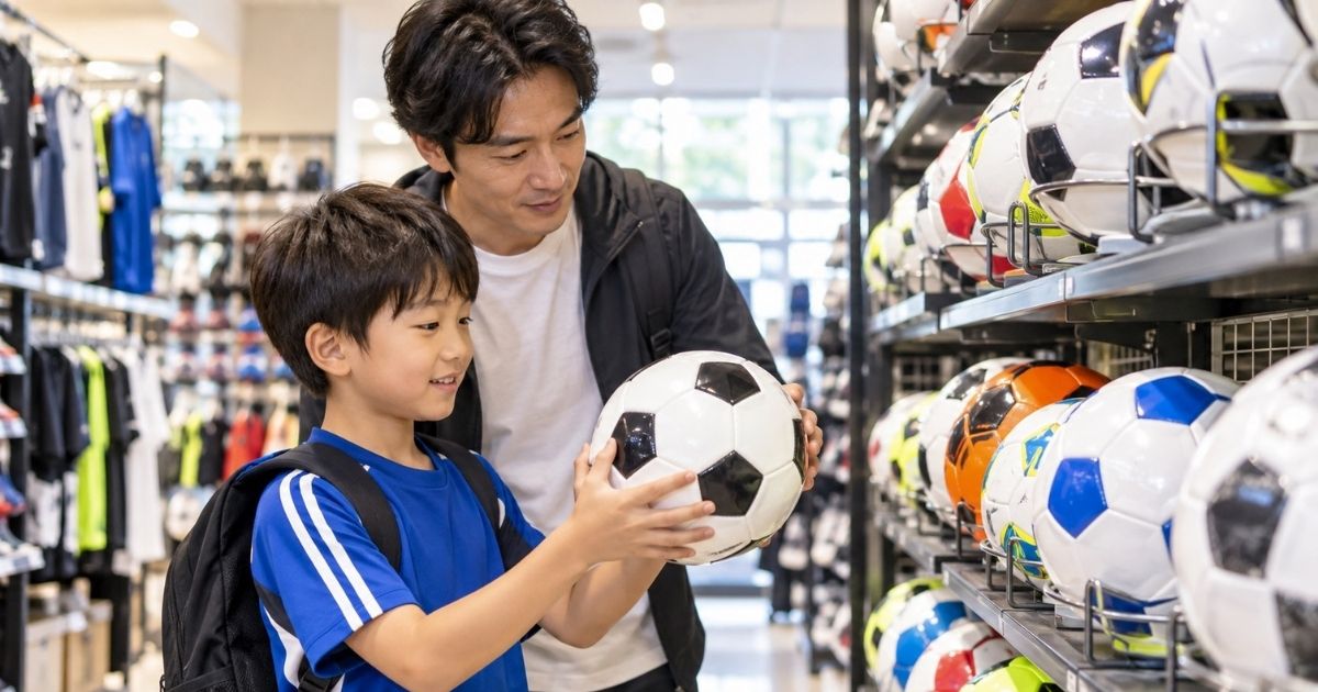 スポーツ用品店のサッカーボール売り場で、陳列されたさまざまなボールを見ながら、購入するサッカーボールを親子で選んでいる様子。