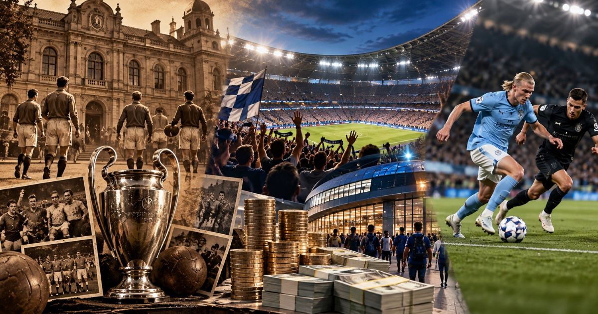 サッカークラブの歴史的な格と現在の人気・収益・強さの違いを表現した画像。左に歴史あるクラブ施設と昔の選手・優勝トロフィー、中央に満員のスタジアムと収益のイメージ、右に現代の選手が競り合う試合風景を配置。