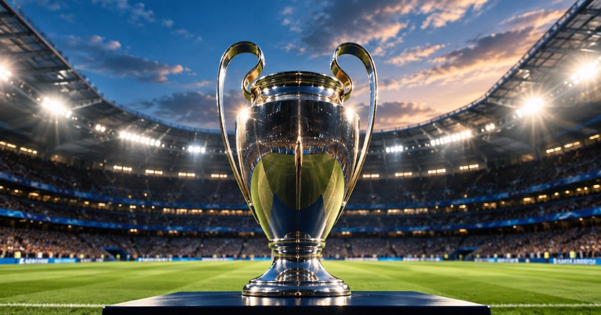 欧州サッカーのビッグクラブ格付け2026をイメージした画像。満員のスタジアム中央に銀色の優勝トロフィーが飾られ、夕暮れの空と照明に照らされたピッチが広がる。