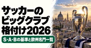 サッカーのビッグクラブ格付け2026のアイキャッチ画像。左に記事タイトルと「S・A・Bの基準と欧州名門一覧」の文字、右に夕暮れのヨーロッパの街並みと銀色の優勝トロフィーを配置。