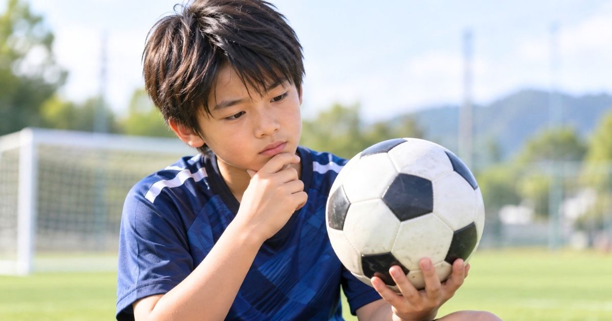 サッカーグラウンドでボールを見つめながら空気圧について考えるサッカー少年