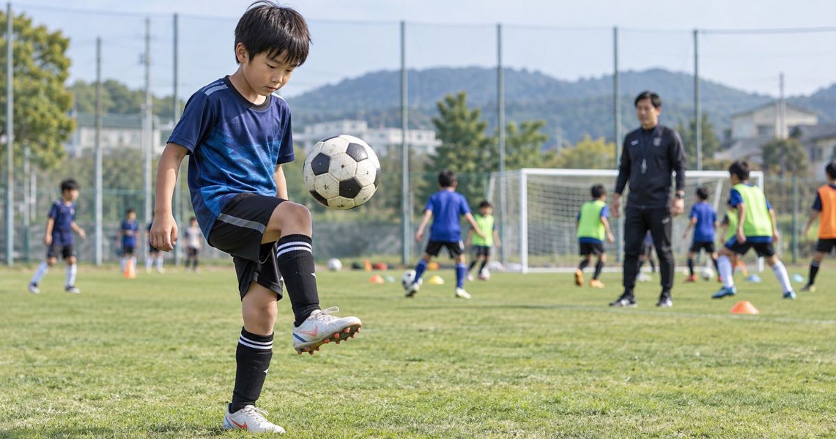 少年サッカーの練習で、小学生の男の子がリフティングを行い、後方ではコーチが見守る中で他の子どもたちが練習している様子。