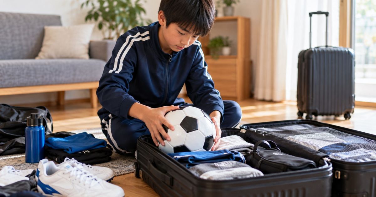 自宅でサッカーの遠征に向けて、サッカーボールや衣類をキャリーケースに詰めて荷造りをする日本人のサッカー少年