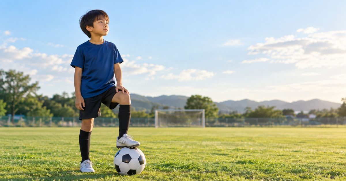 サッカーグラウンドでボールに足を置き、これからの練習量について考えるように立つ小学生のサッカー少年。
