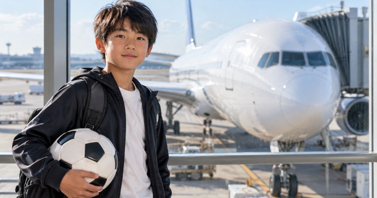 空港の搭乗口付近で、飛行機を背景にサッカーボールを抱えたサッカー少年が立っている様子