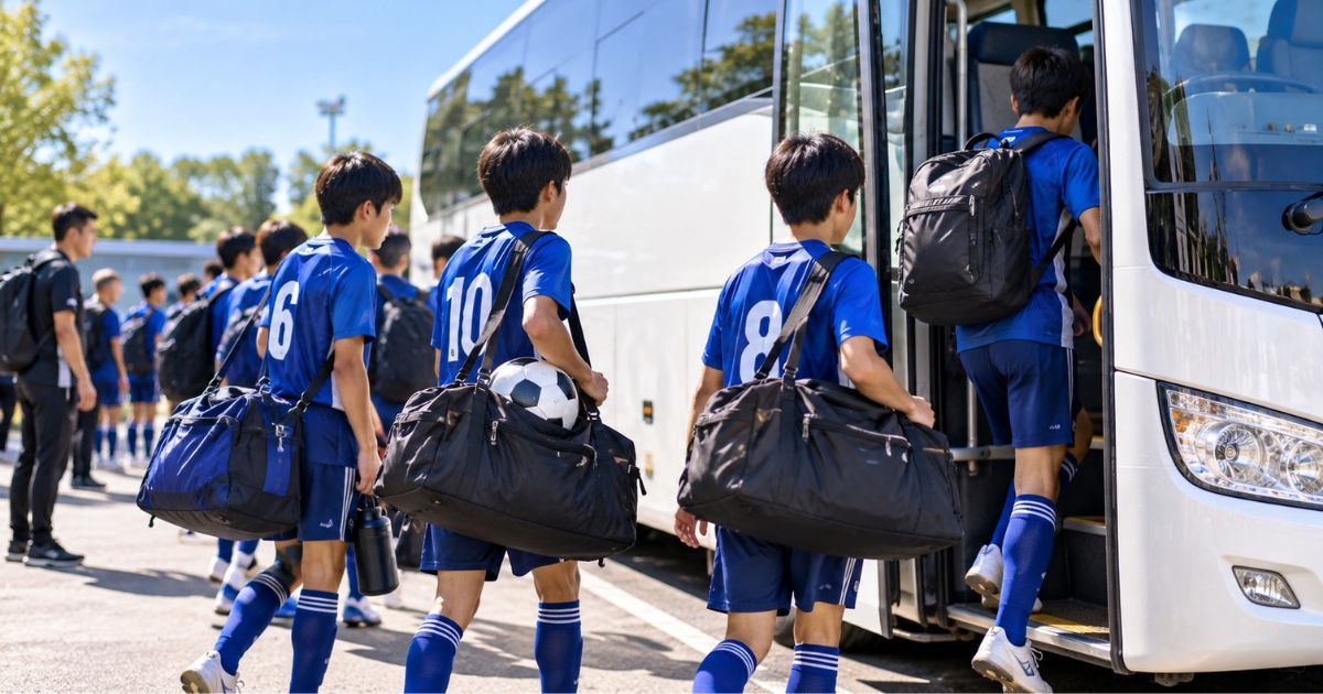 サッカーの合宿・遠征に出発するため、青いユニフォームを着た少年サッカーチームの選手たちが、リュックやボストンバッグなどの荷物を持って大型バスに乗り込む様子。
