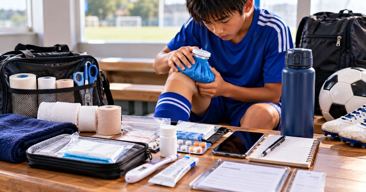 サッカーの合宿・遠征中のけがや体調不良に備える様子。青いユニフォーム姿のサッカー少年が膝を冷やし、手前には救急用品、薬、体温計、スマートフォン、連絡事項を記入するノートなどが並んでいる。