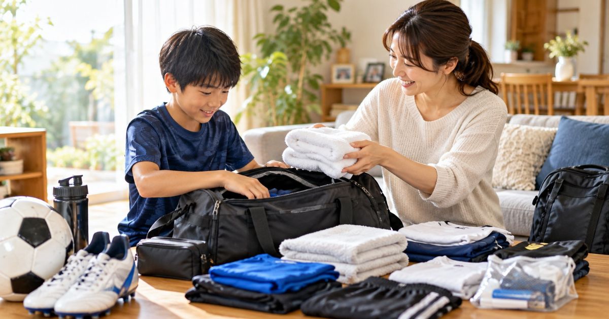サッカーの合宿・遠征に向けて、自宅のリビングで持ち物を準備する親子。母親が家庭にあるタオルを手渡し、青い練習着のサッカー少年が着替えやシューズなどをスポーツバッグに詰めている様子。