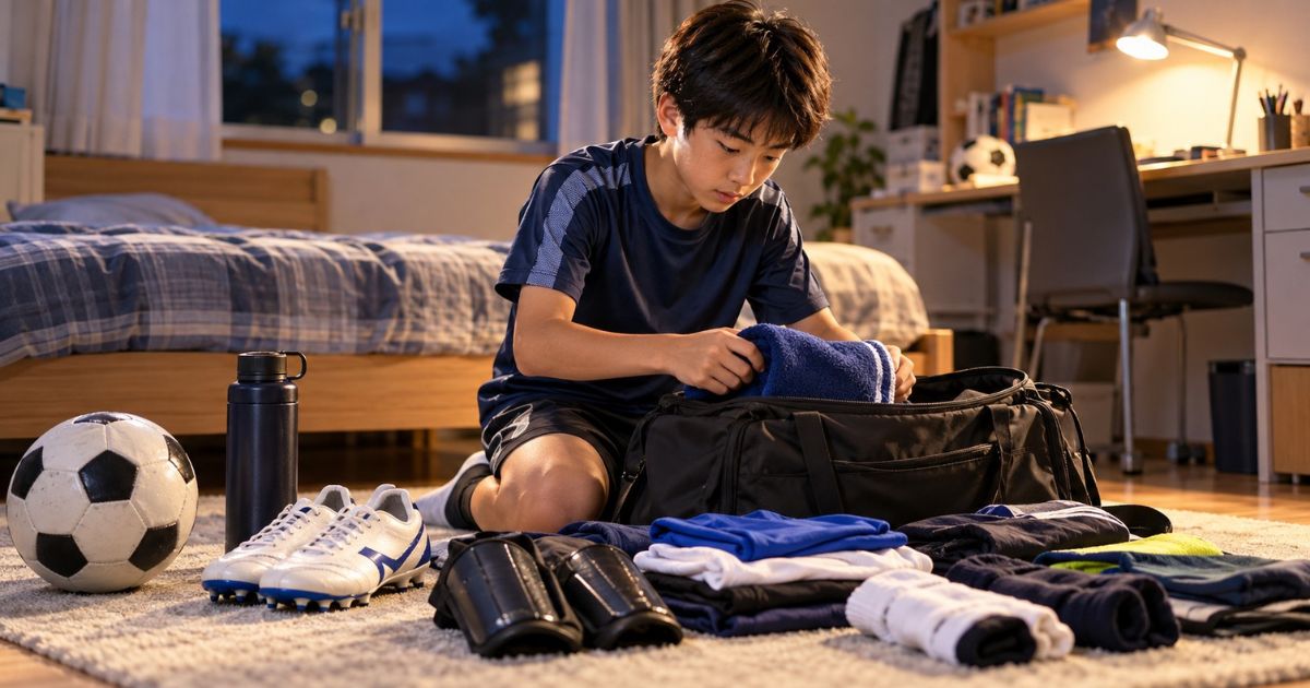 サッカーの合宿・遠征の前夜、自室で持ち物を準備するサッカー少年。床に並べたサッカーボール、シューズ、すね当て、水筒、着替えなどを確認しながら、スポーツバッグにタオルを詰めている様子。