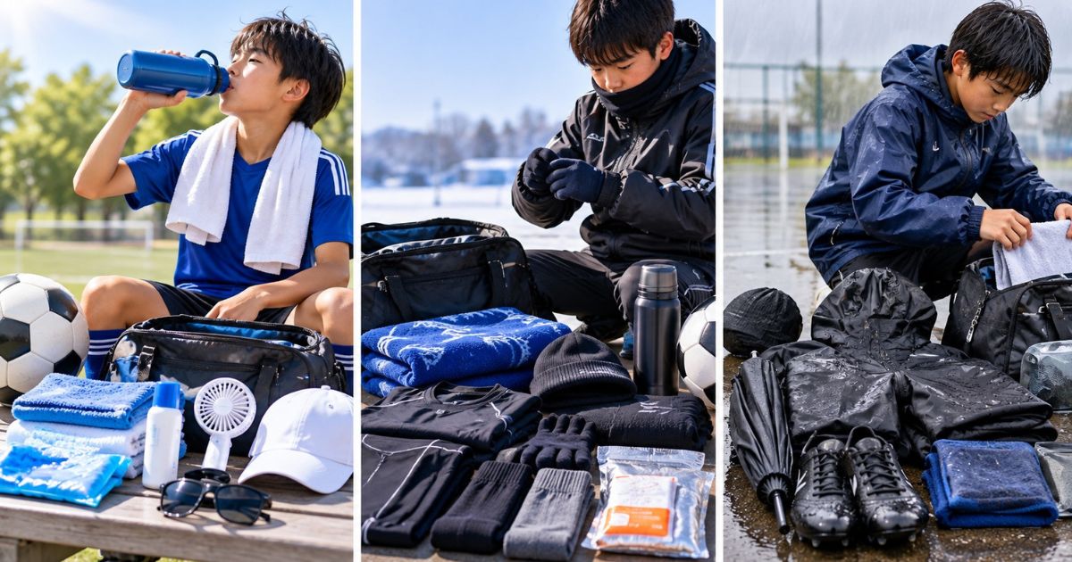 サッカーの合宿・遠征に向けた夏・冬・雨の日の持ち物対策を比較した画像。夏は水筒やタオルで暑さ対策、冬は防寒着・手袋・ニット帽で寒さ対策、雨の日は雨具や濡れたシューズ・衣類の収納を準備するサッカー少年たち。