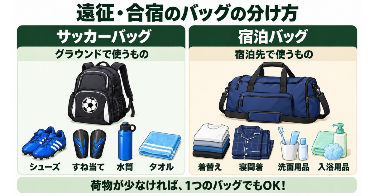 サッカーの合宿・遠征で使うバッグの分け方を示した図解。サッカーバッグにはシューズ・すね当て・水筒・タオル、宿泊バッグには着替え・寝間着・洗面用品・入浴用品を収納する例を紹介。荷物が少なければ1つのバッグでもよいことを説明している。