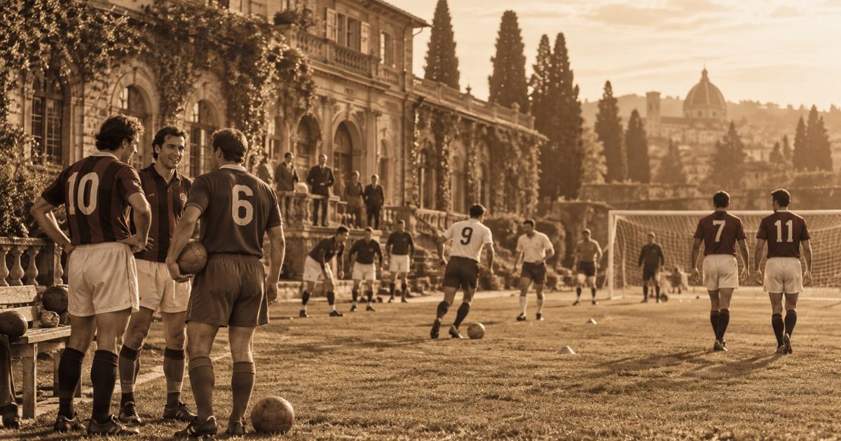 歴史あるヨーロッパ風クラブハウスとグラウンドを背景に、セピア色の中でサッカー選手たちが練習や会話をしている風景。クラブの歴史や伝統の違いによって格付けが分かれることをイメージした画像。