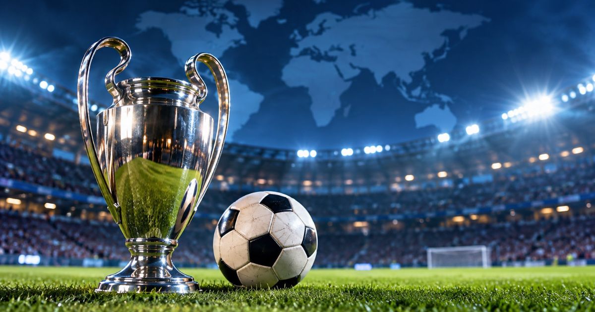 世界のサッカークラブランキング2026をイメージした画像。満員のサッカースタジアムの芝生に優勝トロフィーとサッカーボールが置かれ、背景に世界地図が浮かび上がっている。