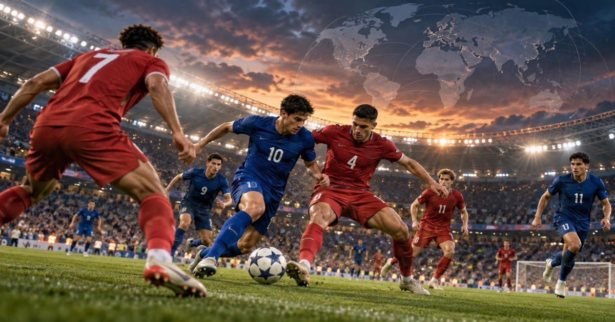 世界のサッカークラブランキング2026をイメージした画像。満員のスタジアムで、青と赤のユニフォームを着た2チームの選手が激しくボールを奪い合い、背景には世界地図が浮かび上がっている。